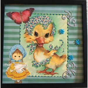 Spring Duck Picture Handmade Collage Framed Picture Wall Decor Cute Retro